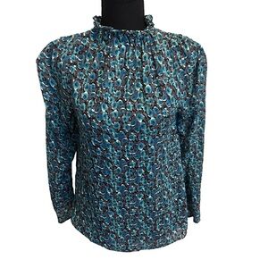 Romantic Rebecca Taylor Teal & Black Floral Lightweight Silk Chiffon Top Size 2